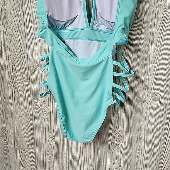 Aqua Eve Blue One Piece Halter Plunge V Neck Swimsuit Womens Size Medium NWT - Picture 7 of 12